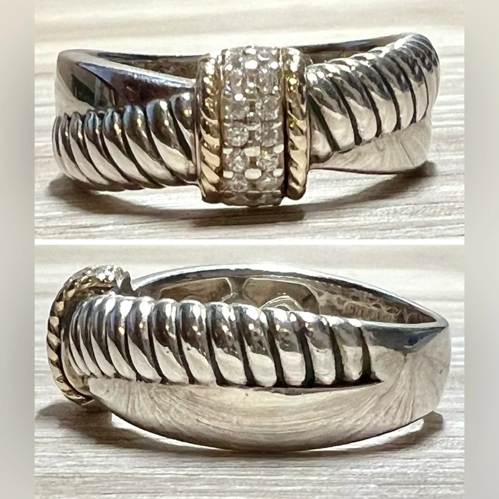 Vintage Designer Signed ATR Sterling Silver & 18K Gold Diamond Ring, Size 6